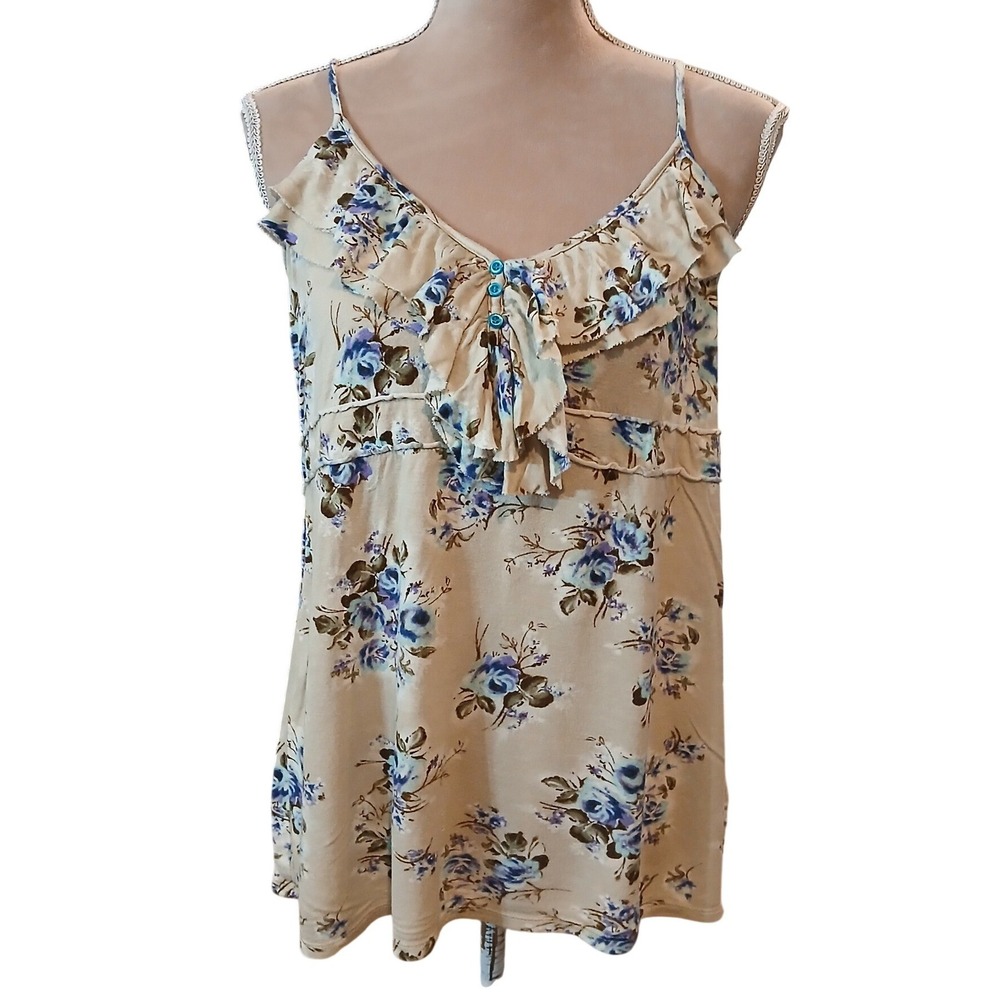 Decree L Womens Floral Ruffle Camisole Tank Top Blue Rose Tan Rayon Size Large